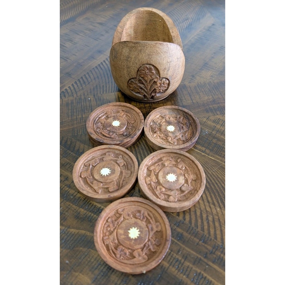 Vintage Hand-Carved Wooden Coaster Set w/ Holder – Floral Design – Solid Wood